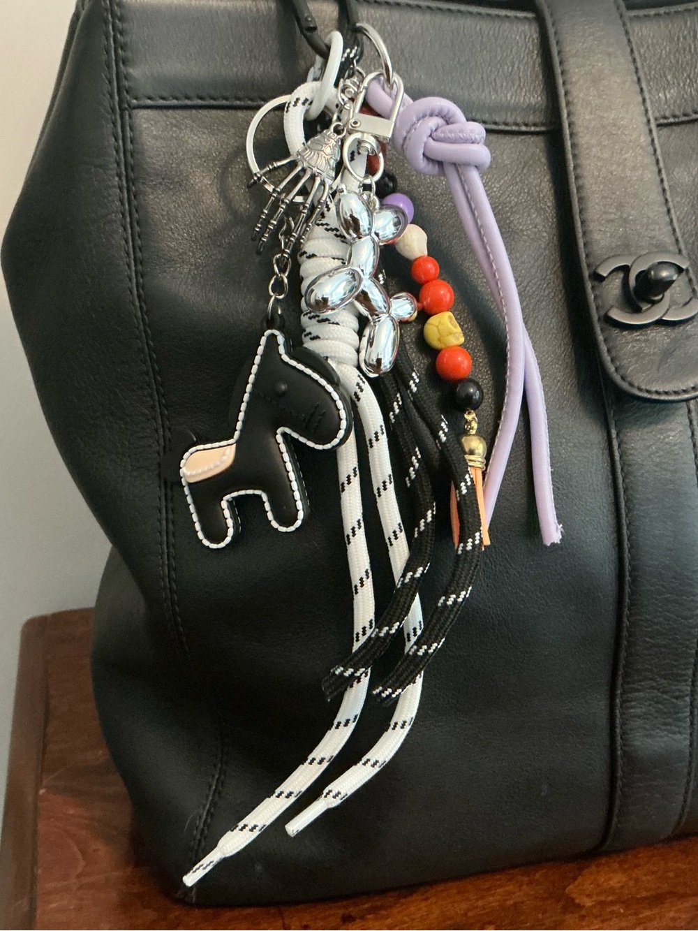 Halloween Black, White, Purple Bag Charm Horse, Beads, Silver Balloon Dog, Ribbo